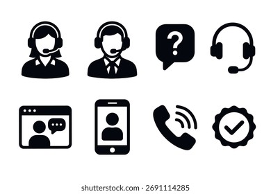 Conjunto de iconos de Asistencia al cliente y centro de llamadas. Símbolos negros de Vector de servicio y asistencia