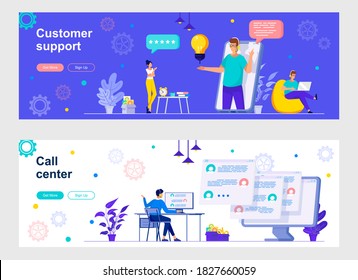 Customer support and call center landing page with people characters. Online client assistance and consultation service web banners. Hotline operator vector illustration great for social media cover.