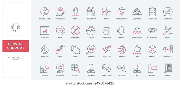 Customer support, call center line icons set. Processing user message and help, online answer to question and advice from phone or chat assistant thin black and red outline symbols vector illustration