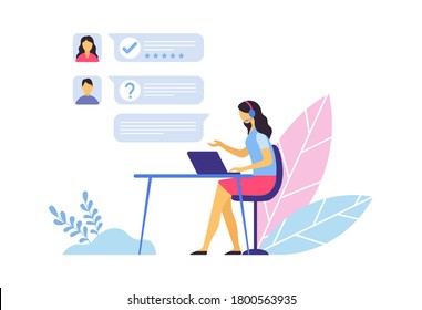 Customer Support. Call Center Operator Sitting At Desk With Laptop And Communication With Clients In Chat. Woman Agent Answering Questions And Requests, Providing Assistance Vector Illustration