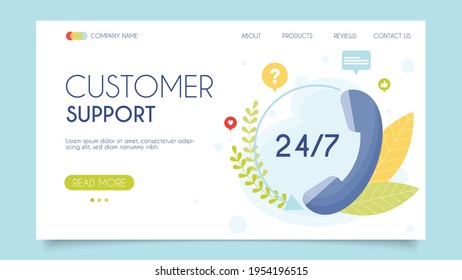 Customer support call center. Call us today 24-7. Landing page concept. Flat design, vector illustration. 