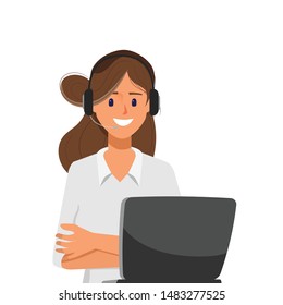 Customer support for call center woman character with headset phone.