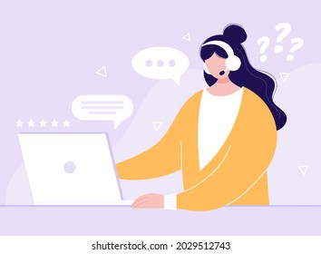 Customer support, call center worker. Female character with headsets and laptop talking with client.  Hand drawn vector illustration. Online support 247. Customer and operator.

