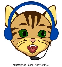 customer support cat wearing a headset, happy emoji wearing headphones and a microphone, funny cartoon character with simplistic facial expression, simple hand drawn icon from a set