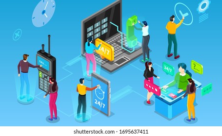 Customer Support Center. set of operators and callers provide advice and information. Isometri vector illustration.