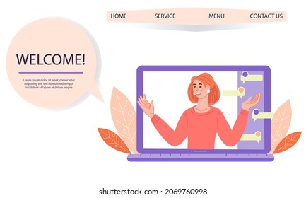 Customer support center webpage interface with professional ready to help clients. Telemarketing communications and clients support, online help line, flat vector illustration.