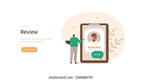 Customer support. Character asking for feedback for helpdesk or call center operator. User experience concept. Vector illustration.