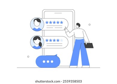 Customer support. Character sharing user experience and giving customer feedback. Flat Cartoon Vector Illustration, icon. Stylish abstract Blue 