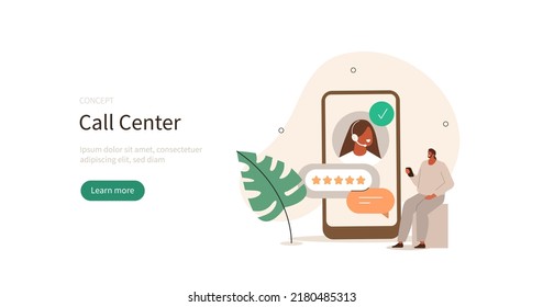 Customer support. Characters chatting with helpdesk or call center operator on smartphone and leaving positive feedback. User experience concept. Vector illustration.