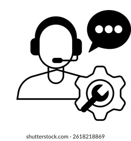 Customer Support Chat. Male agent with headset and gear icon providing real-time chat-based support
