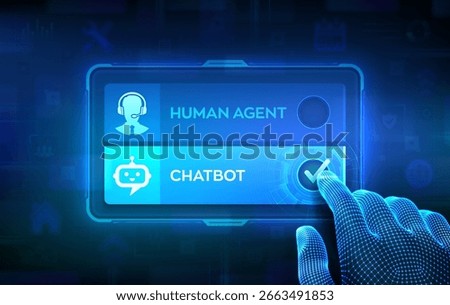 Customer support choice concept. Human agent vs chatbot. Human support versus AI automation. Wireframe hand touching virtual screen with chatbot button selected. Vector illustration.