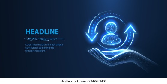 Customer support. Client icon on hand isolated on blue. All inclusive customer care, client servise, employee retention, human resourse, quality client assistance, consumer protect, user help concept svg