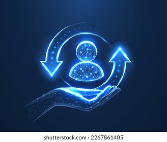 Customer support. Client icon on hand isolated on blue. All inclusive customer care, client servise, employee retention, human resourse, quality client assistance, consumer protect, user help concept