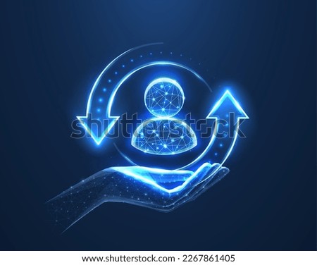 Customer support. Client icon on hand isolated on blue. All inclusive customer care, client servise, employee retention, human resourse, quality client assistance, consumer protect, user help concept