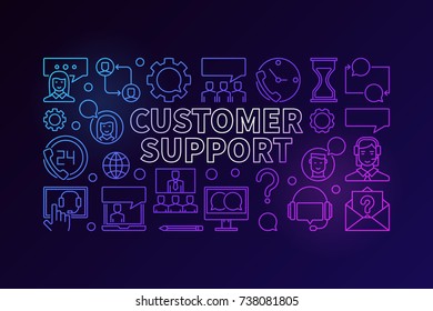 Customer support colorful illustration. Vector customer service concept linear horizontal banner on dark background