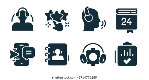 Asistencia al cliente y comunicación excelente colección de iconos. Conjunto de agentes de auriculares, estrellas de calificación, Asistencia de voz, calendario, mensajes de chat, libreta de contactos, Configuraciones de servicio e íconos de lista de comprobación