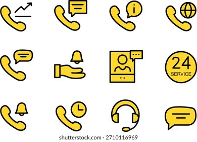 Conjunto de ícones de comunicação e suporte ao cliente - Hotline, bate-papo, call center, mensagens e símbolos de serviço