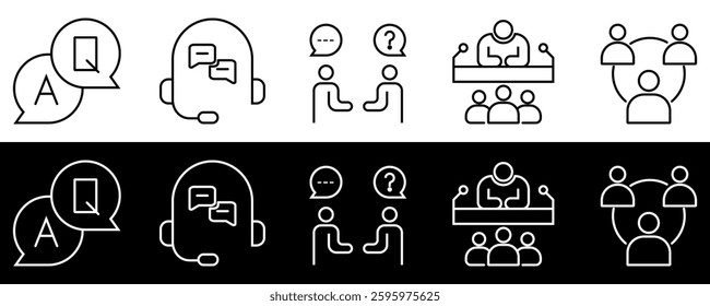Customer Support and Communication Icons. Call Center, Consultation, and Business Interaction Symbols. Vector illustration isolated on black and white background.