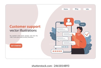 Concepto de Asistencia al cliente. Joven atento interactuando con un chat de ayuda en línea, asegurando la satisfacción del Cliente y la respuesta de Instrucción. Comentarios y soluciones. Ilustración vectorial plana.