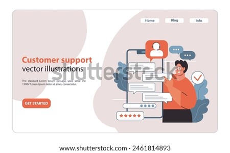 Customer support concept. Attentive young man interacting with an online help chat, ensuring customer satisfaction and prompt response. Feedback and solutions. Flat vector illustration.