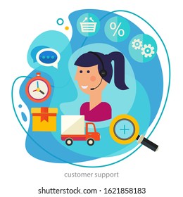 Customer Support concept banner. Square composition, vector amoeba style trendy illustration