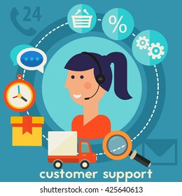 Customer Support concept banner. Square composition, vector illustration