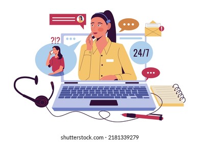 Customer support concept. Call center consultant communicates with a client to solve problems. Flat vector illustration on white background