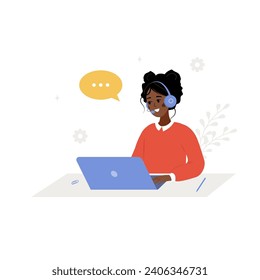 Concepto de asistencia al cliente. Centro de llamadas o línea directa. Mujer africana con auriculares y micrófono con laptop. El operador aconseja a los clientes. Ilustración vectorial al estilo de las caricaturas planas.