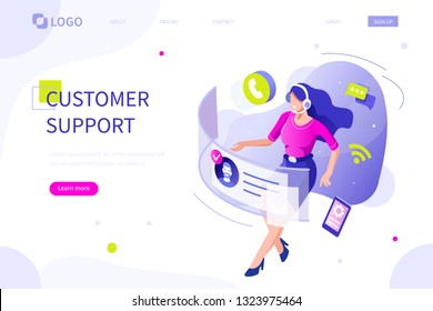 Customer Support Concept. Can Use For Web Banner, Infographics, Hero Images. Flat Isometric Vector Illustration Isolated On White Background.