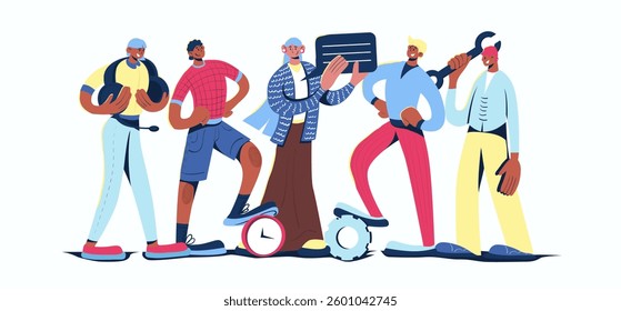 Customer support concept in cartoon web design. People working at call service, communicating with clients, giving consultations and assistance. Flat vector illustration isolated on white background.