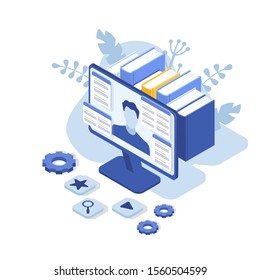 Customer support concept with computer monitor and man. Contact us. FAQ. Isometric Vector Illustration.