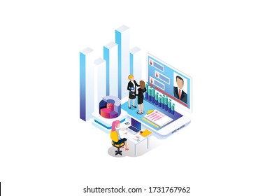 Concepto de asistencia al cliente. Consultor en el chat de línea directa, telemarketer. Un mostrador de ayuda hablando. Infografía de la respuesta del centro de llamadas. Niña profesional recepcionista. Ilustración vectorial isométrica plana
