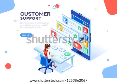 Customer support concept. Consultant on hotline chat, telemarketer. Helpdesk talking. Infographic of call center answer. Girl technical professional receptionist. Flat isometric vector illustration