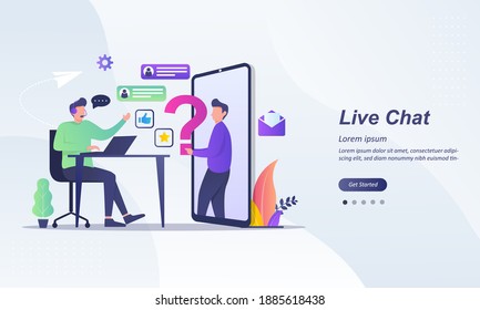 Customer Support concept design, live chat Operator with headset doing live feedback, hotline operator advises client, Suitable for web landing page, ui, mobile app, banner template