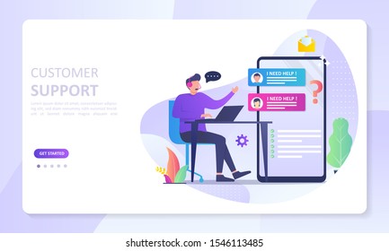 Customer Support concept design, Operator with headset doing live feedback, hotline operator advises client, Suitable for web landing page, ui, mobile app, banner template. Vector Illustration