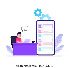 Customer Support concept design, Operator with headset doing live feedback, hotline operator advises client, Suitable for web landing page, ui, mobile app, banner template. Vector Illustration