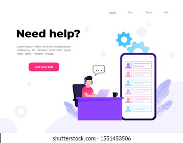 Customer Support concept design, Operator with headset doing live feedback, hotline operator advises client, Suitable for web landing page, ui, mobile app, banner template. Vector Illustration