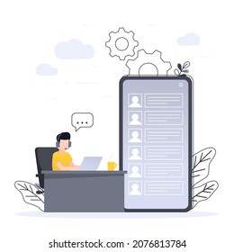 Customer Support concept design, Operator with headset doing live feedback, hotline operator advises client, Suitable for web landing page, ui, mobile app, banner template. Vector Illustration