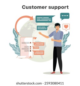 Customer Support Concept. Enhancing the service experience with a personal touch. A friendly support representative actively assists customers. Flat vector modern illustration 