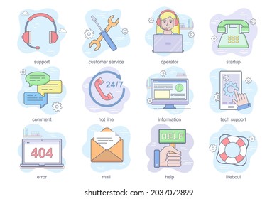 Conjunto de iconos planos de concepto de asistencia al cliente. Conjunto de operador, inicio, comentario, línea directa, información, error, correo, ayuda, contacto, llamada y otros. Símbolos de color del paquete conceptual del vector para la aplicación móvil