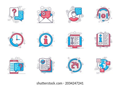 Customer support concept flat line icons set. Consultation and assistance in call center. Bundle of message, headphones, question, faq and other. Vector conceptual pack outline symbols for mobile app