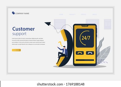 customer support concept with the giant phone. Suitable for landing page, web, flyer, and banner.