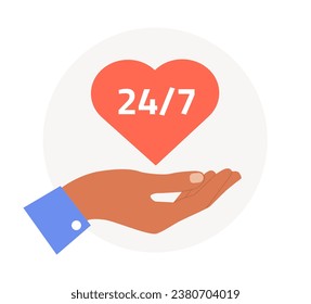 Customer support concept. Hand with heart with 24 to 7 time. Technical consultation and assitance. Template and mock up. Cartoon flat vector illustration isolated on white background