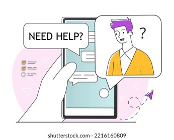 Customer support concept. Hand holds smartphone with chat, assistant or helper answers users questions, FAQ. Modern technologies and digital world. Poster or banner. Cartoon flat vector illustration