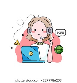 Illustration des Kundendienstkonzepts. Bestellungen online annehmen. Die Frau von Online-Support sitzt vor einem Laptop und bestätigt die Bestellung online oder beantwortet die Fragen des Kunden.