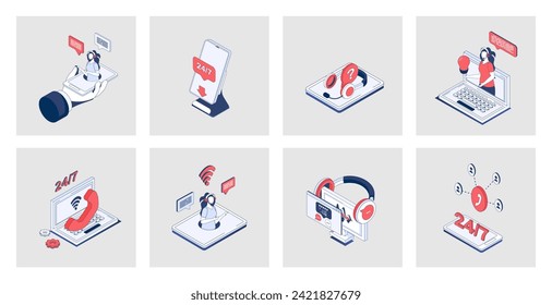 Customer support concept of isometric icons in 3d isometry design for web. Online assistance and business communication, technical solution center with operators, client feedback. Vector illustration