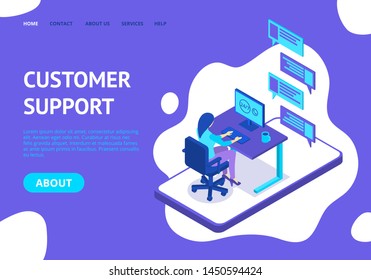 Plantilla de página Web de inicio de concepto de asistencia al cliente. Ilustración vectorial del sitio web del proyecto de diseño para el servicio en línea empresarial