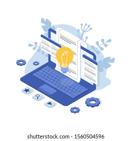 Customer support concept with laptop. Contact us. FAQ. Isometric Vector Illustration.