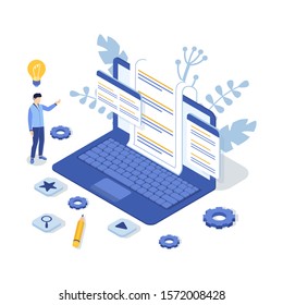 Customer support concept with laptop and man. Contact us. FAQ. Isometric Vector Illustration.