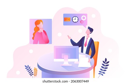 Customer support concept. Man answers girls questions. Assistance, call center. Pressentation, social media, computer. Hotline operator. Cartoon flat vector illustration isolated on white background